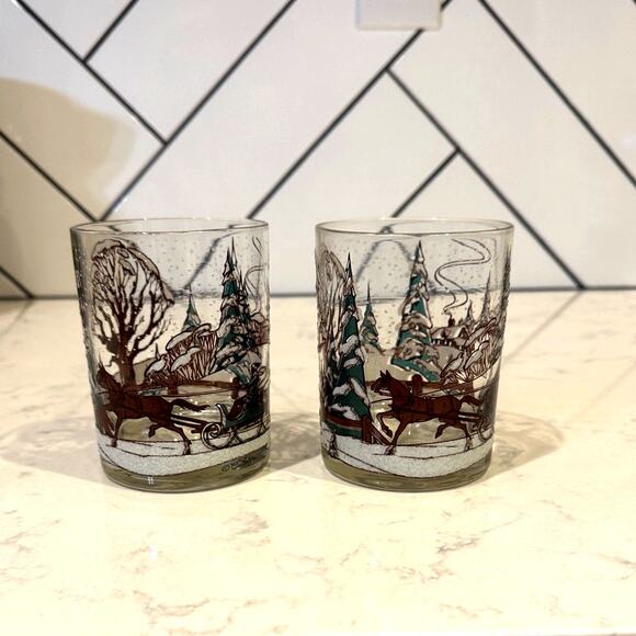 Vintage Currier & Ives collector's series Christmas old fashioned glasses x2 - Picture 2 of 8